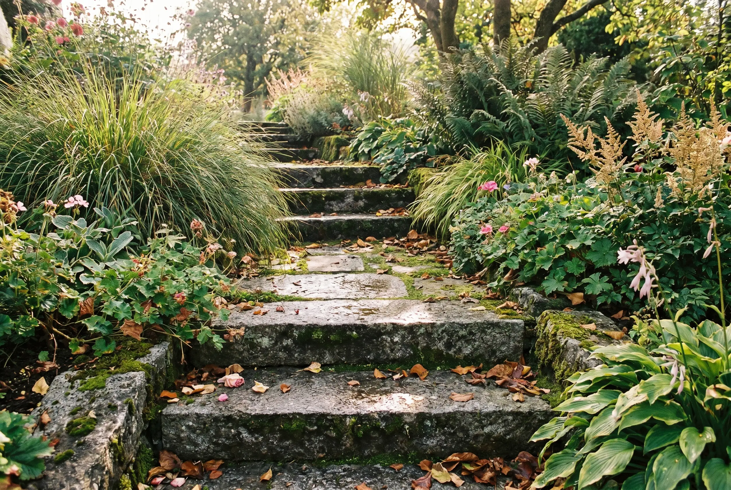 Natursteintreppe mit üppiger Bepflanzung in einem Schweizer Garten