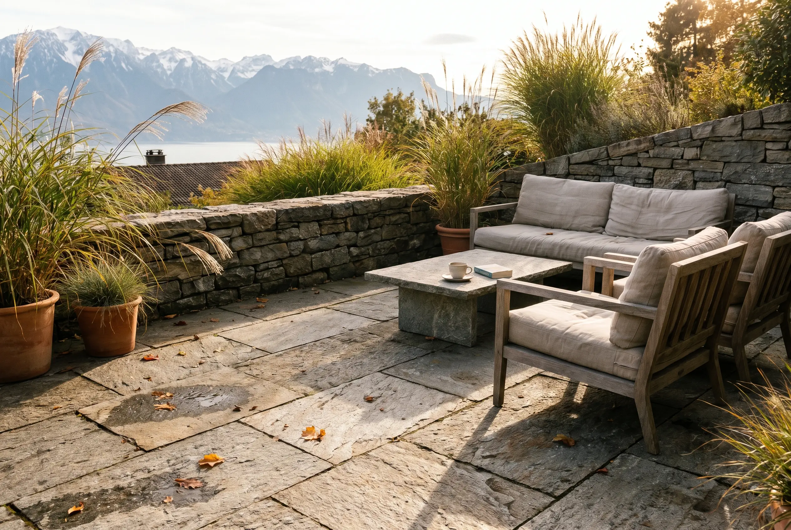 Natursteinterrasse mit Sitzbereich und Seeblick