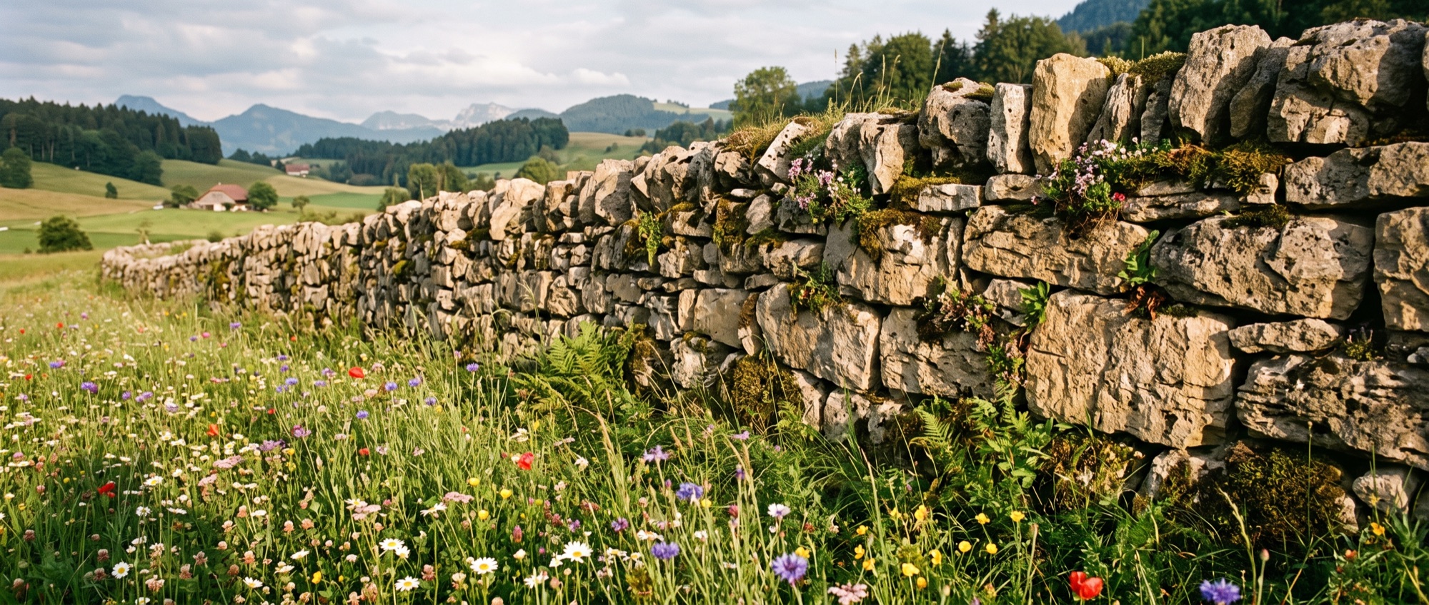 Trockenmauer aus Jura-Muschelkalk im Streiflicht (KI-generiertes Bild)