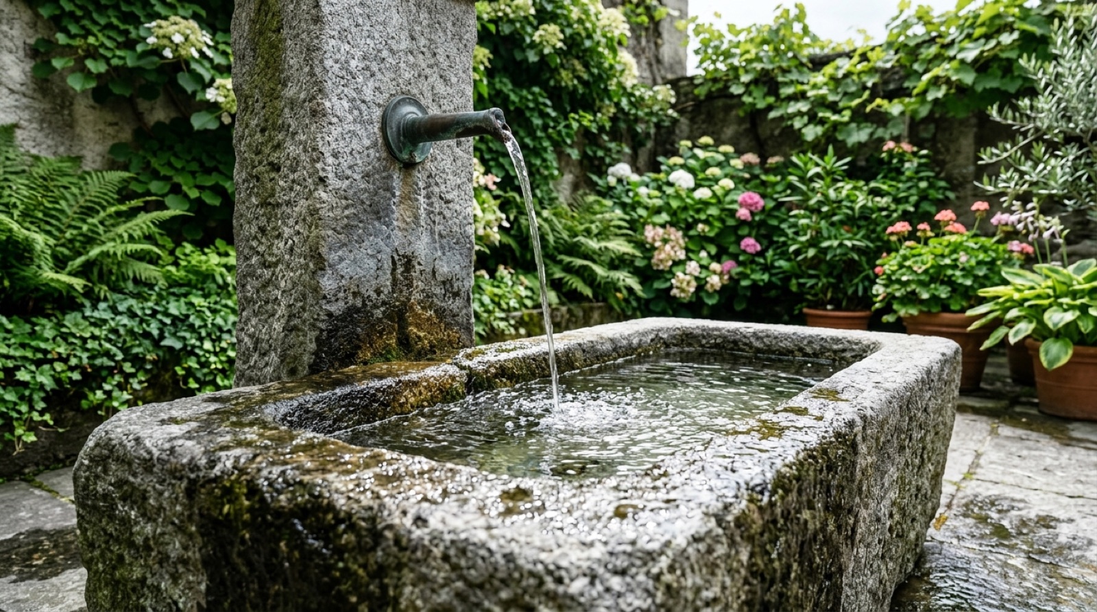 Monolithischer Granit-Brunnentrog mit Wasser (KI-generiertes Bild)
