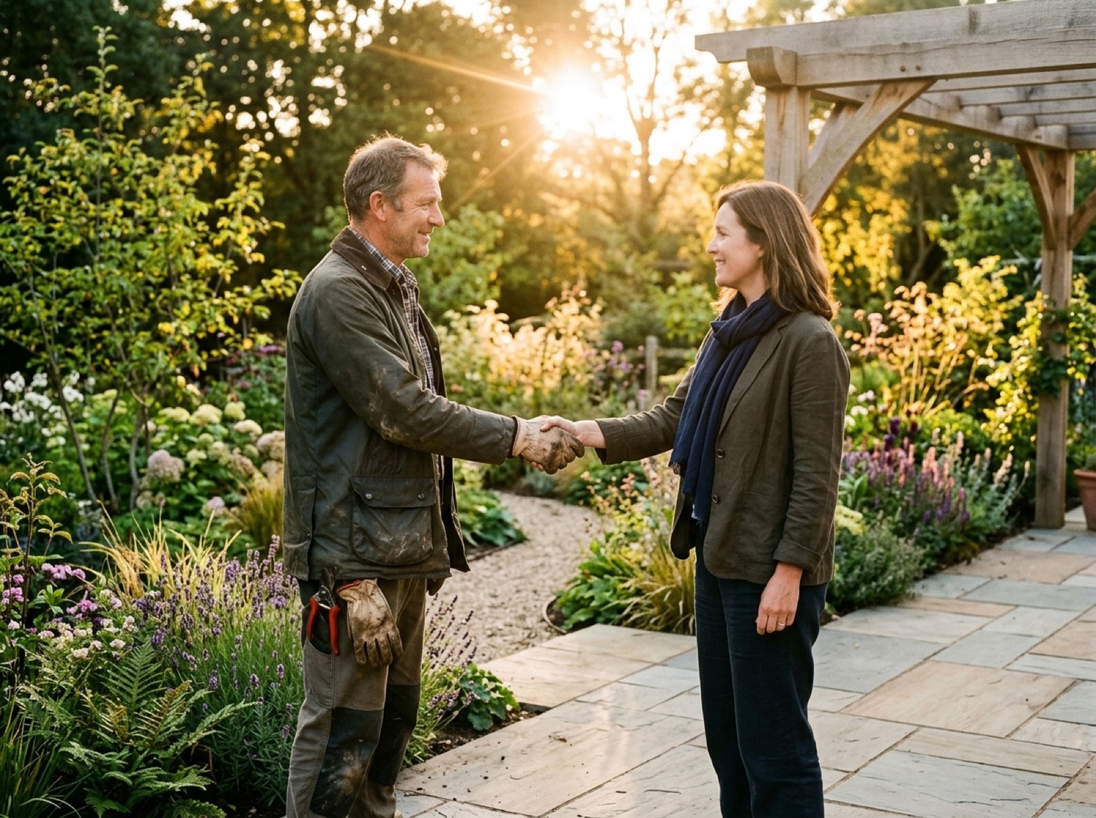Handschlag im fertigen Garten im Gegenlicht (KI-generiertes Bild)