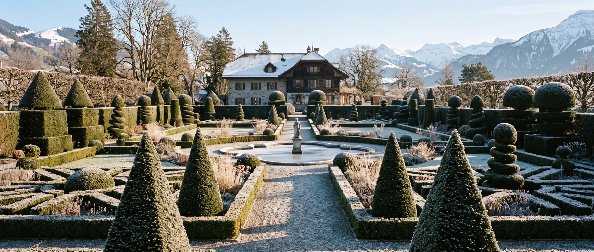 Formaler Wintergarten mit geschnittenen Eiben- und Hainbuchenkörpern im Raureif (KI-generiertes Bild)