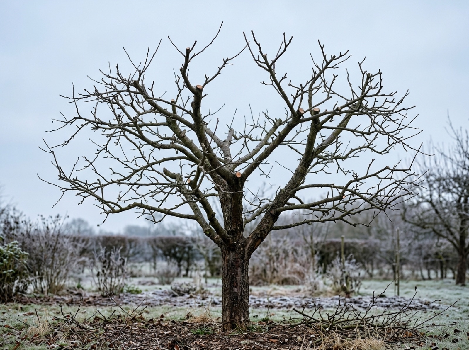 Licht aufgebaute Obstbaumkrone nach dem Winterschnitt vor blassem Himmel (KI-generiertes Bild)