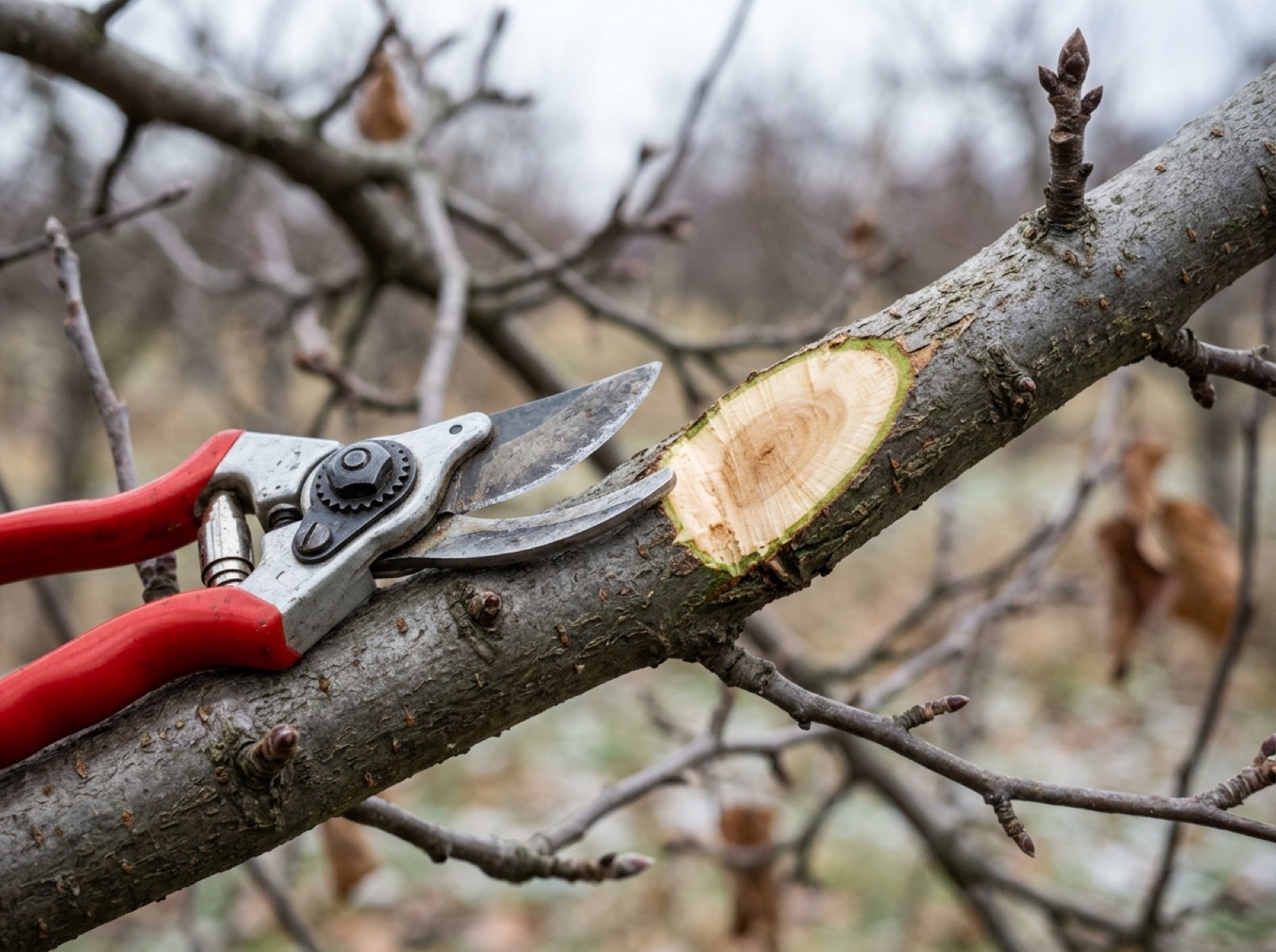Sauberer frischer Schnitt an einem Obstbaumast, Bypass-Schere daneben (KI-generiertes Bild)