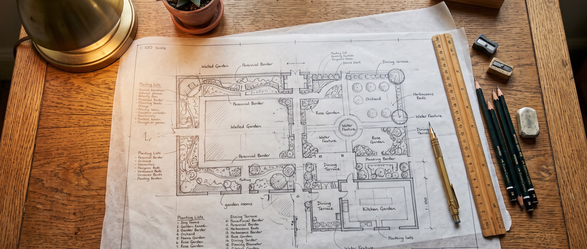 Von Hand gezeichneter Gartenplan mit Bleistift auf Transparentpapier (KI-generiertes Bild)