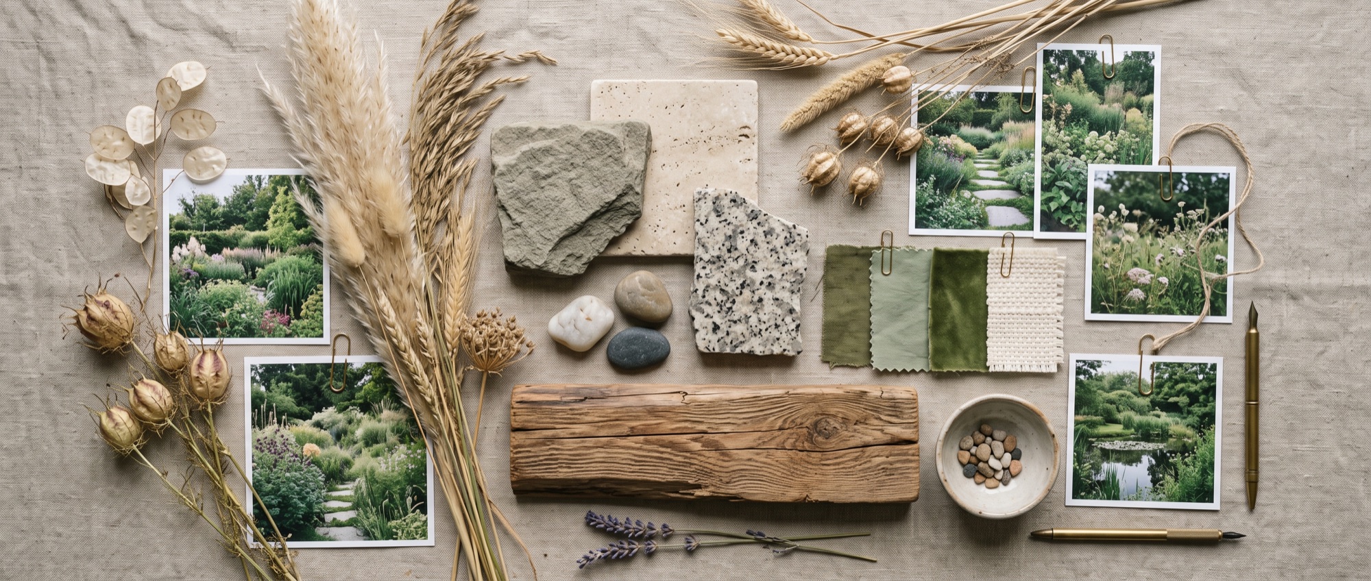 Moodboard mit Steinmustern, getrockneten Gräsern, Holz und Gartenfotos (KI-generiertes Bild)