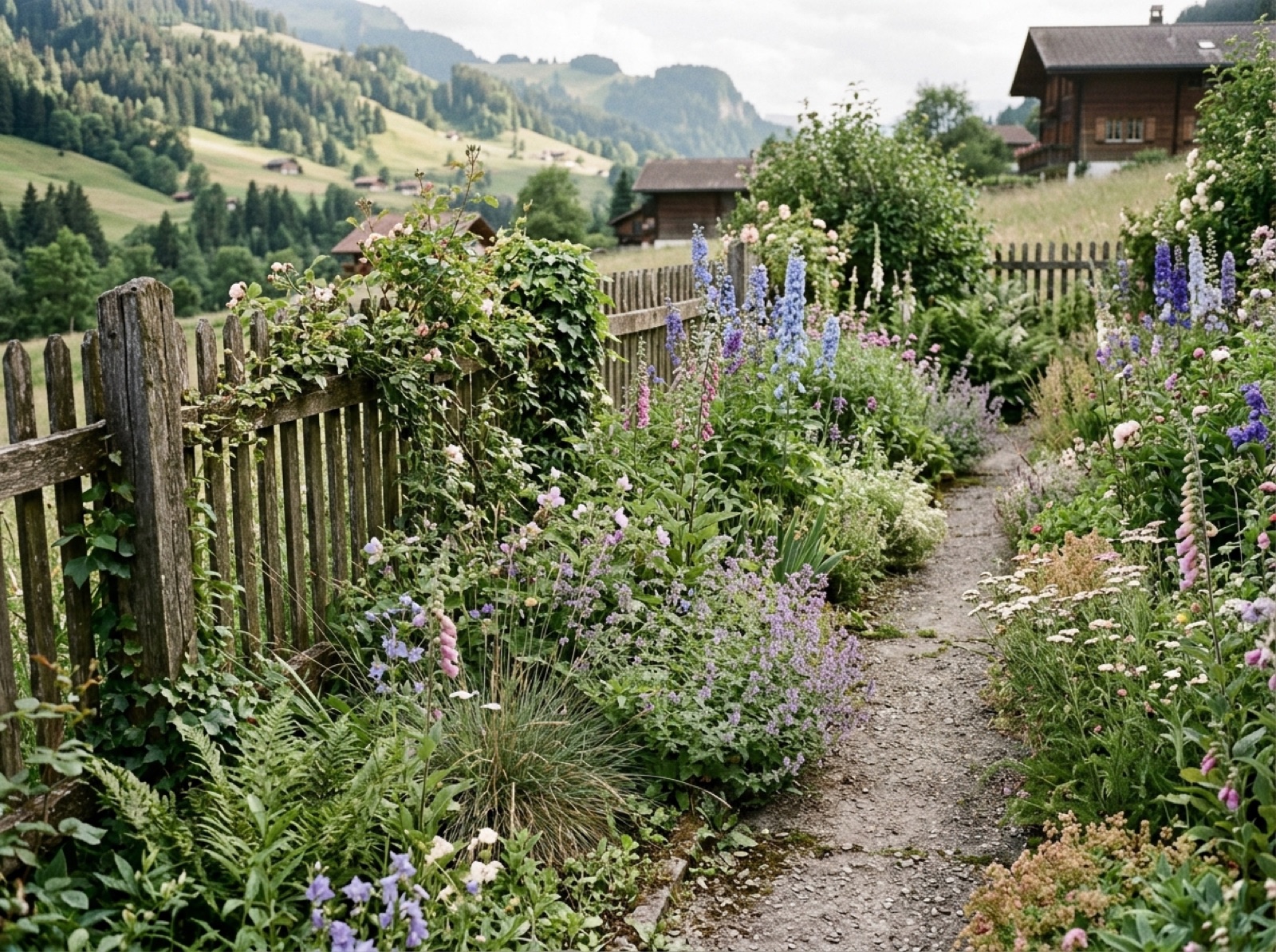 Naturnaher Landgarten mit lockerer Staudenpflanzung und Kiesweg (KI-generiertes Bild)