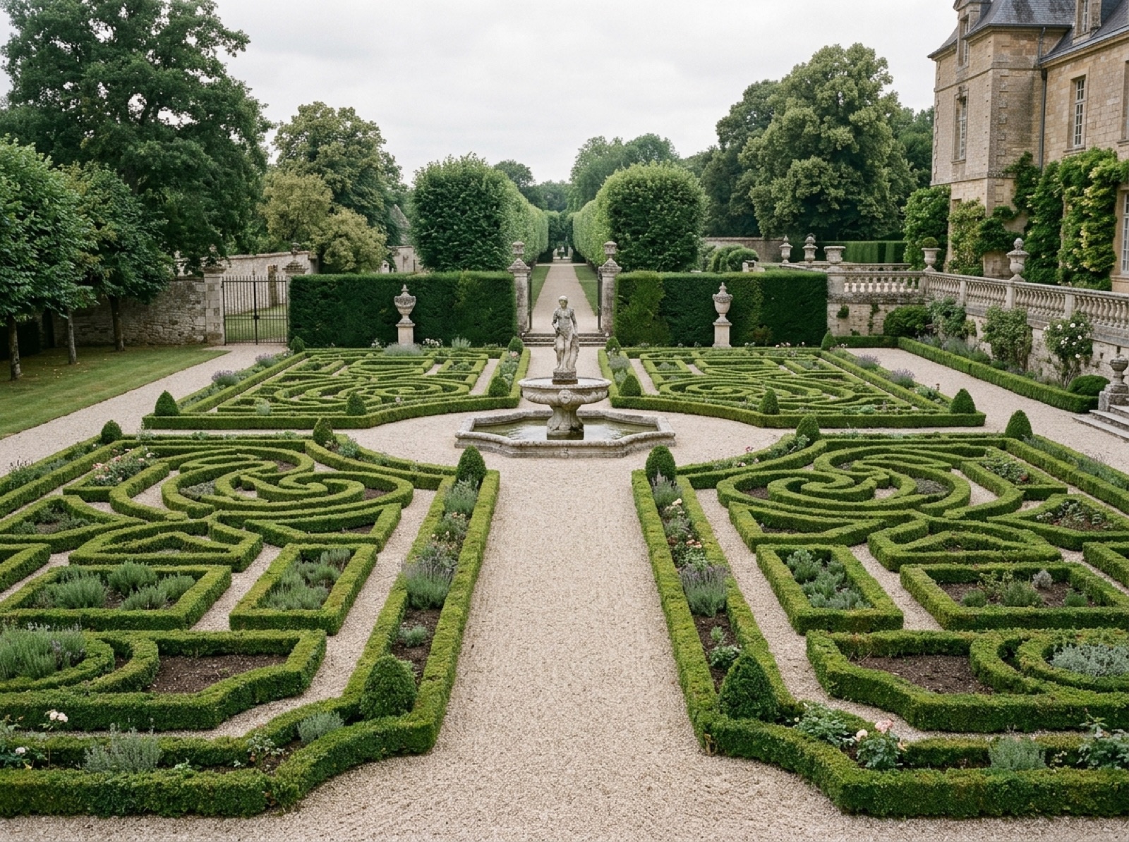 Klassischer Garten mit geschnittenem Buchsparterre und Symmetrie (KI-generiertes Bild)