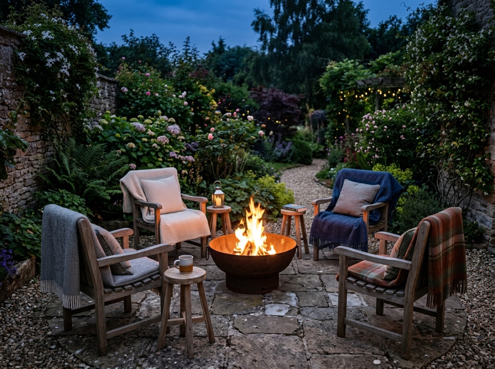 Sitzplatz am Abend mit Feuerschale und warmem Licht (KI-generiertes Bild)