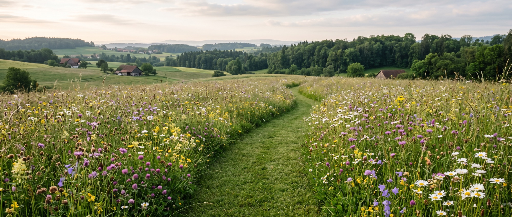 Blühende Blumenwiese mit gemähtem Weg, der hindurchführt (KI-generiertes Bild)