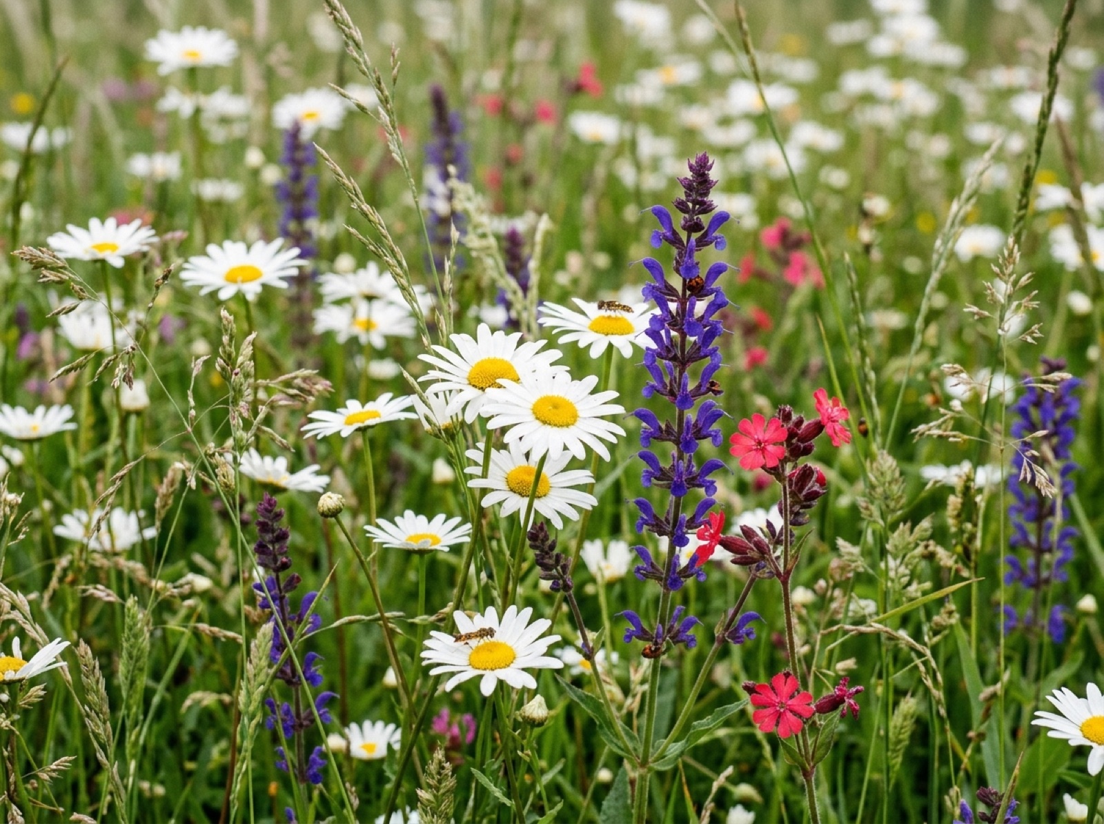 Margeriten, Wiesensalbei und Lichtnelken in einer Blumenwiese, Nahaufnahme (KI-generiertes Bild)