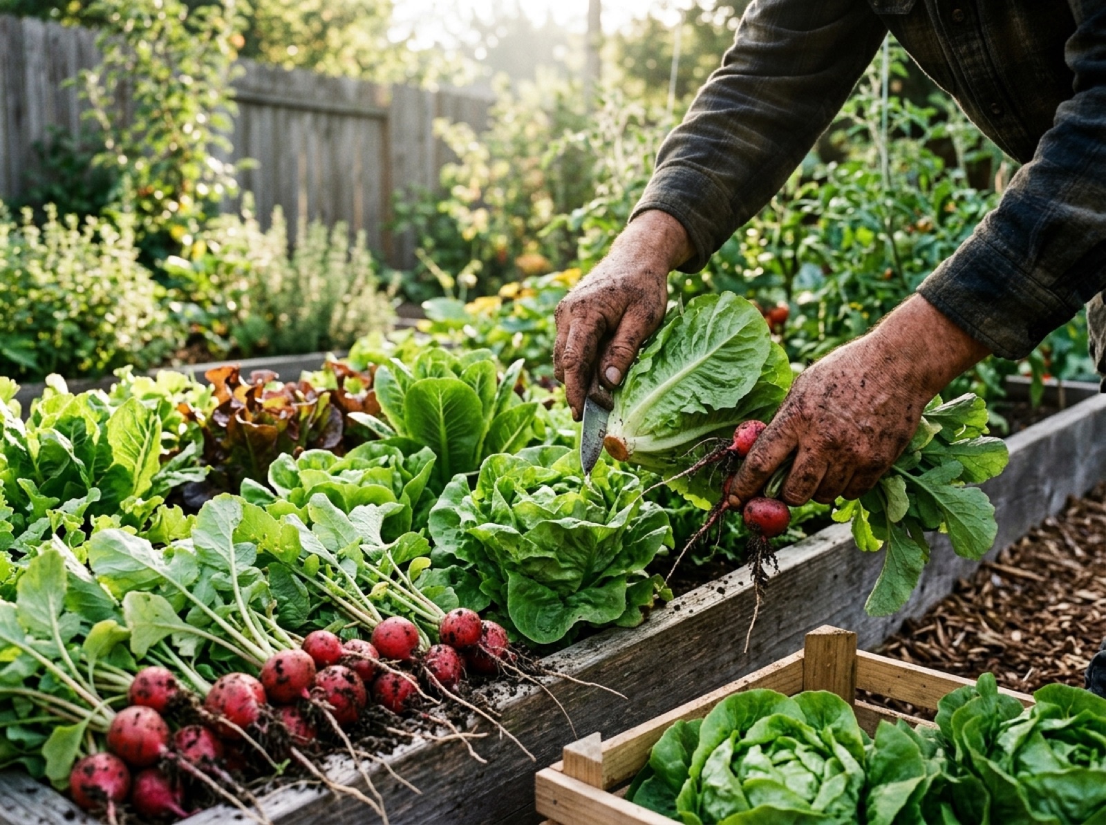 Hände ernten Salat und Radieschen aus einem Hochbeet (KI-generiertes Bild)