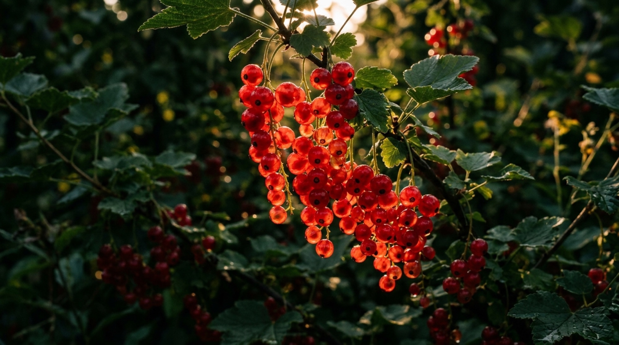 Rote Johannisbeeren leuchten im Gegenlicht am Strauch (KI-generiertes Bild)