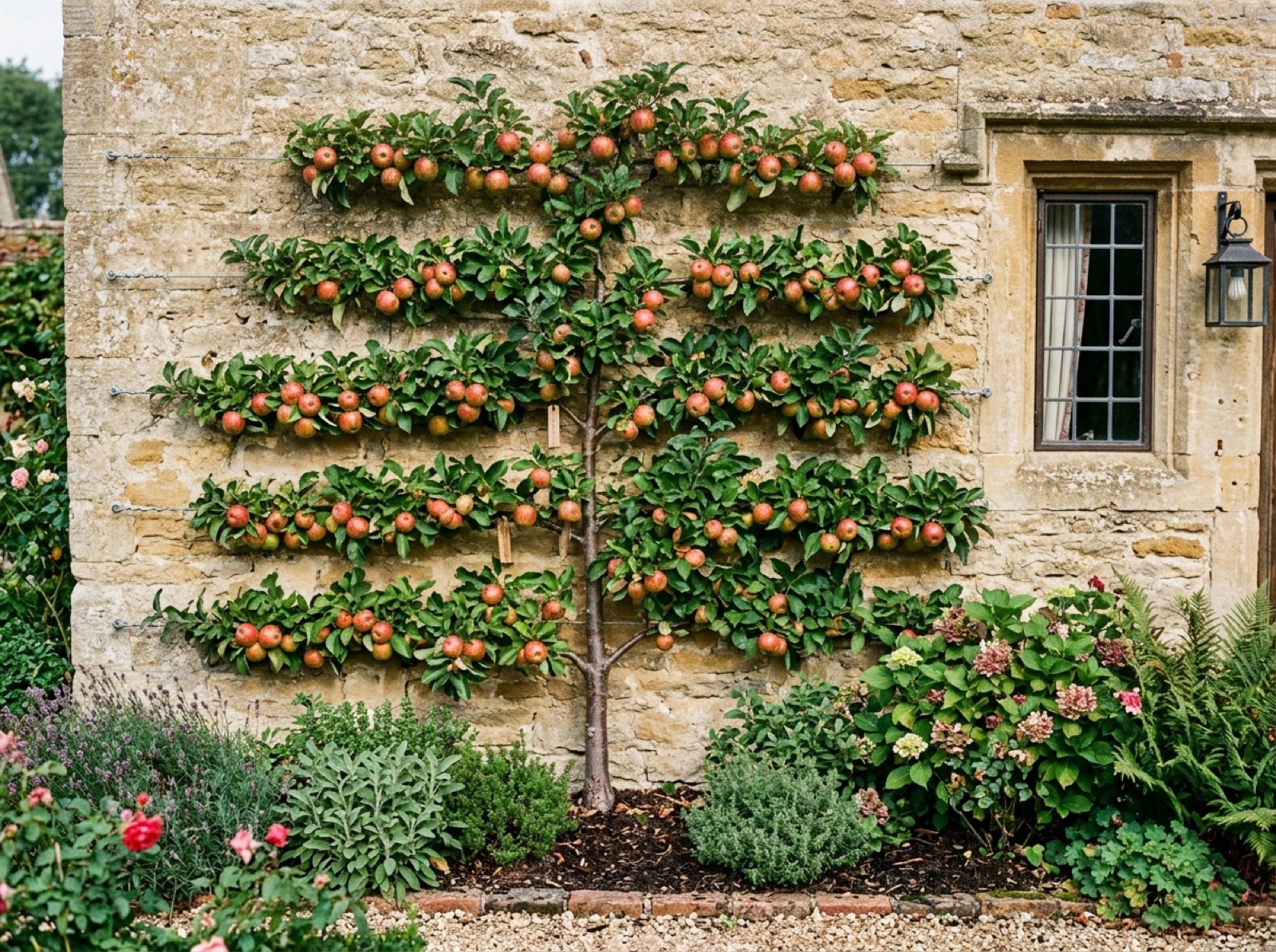 Apfelspalier mit reifenden Früchten an einer Hauswand (KI-generiertes Bild)