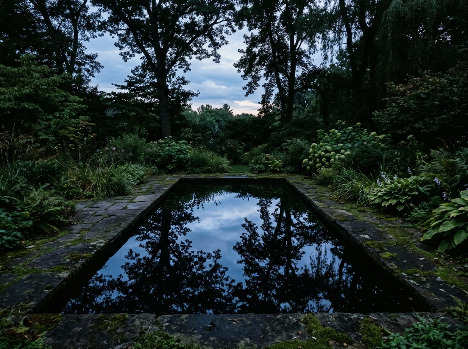 Dunkles, stilles Wasserbecken spiegelt Himmel und Baumsilhouetten (KI-generiertes Bild)