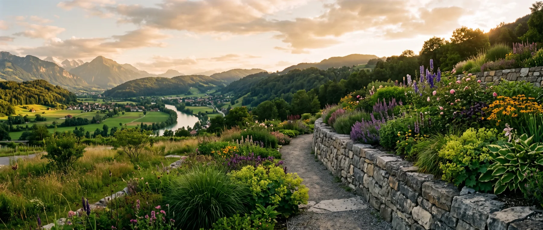 Garten mit Natursteinmauer über einem Flusstal mit bewaldeten Hügeln