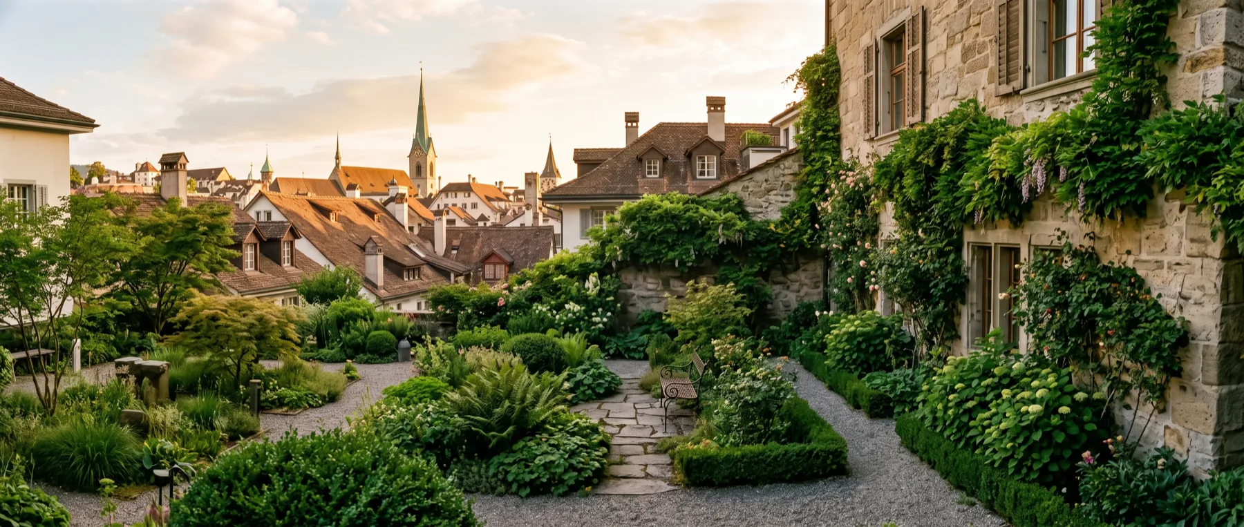 Städtischer Innenhofgarten mit begrünten Sandsteinmauern, Basler Dächer dahinter