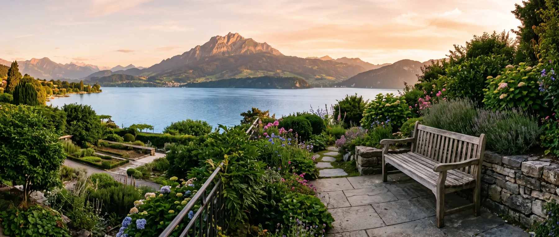 Gartenterrasse mit Holzbank über dem Vierwaldstättersee, Pilatus am anderen Ufer