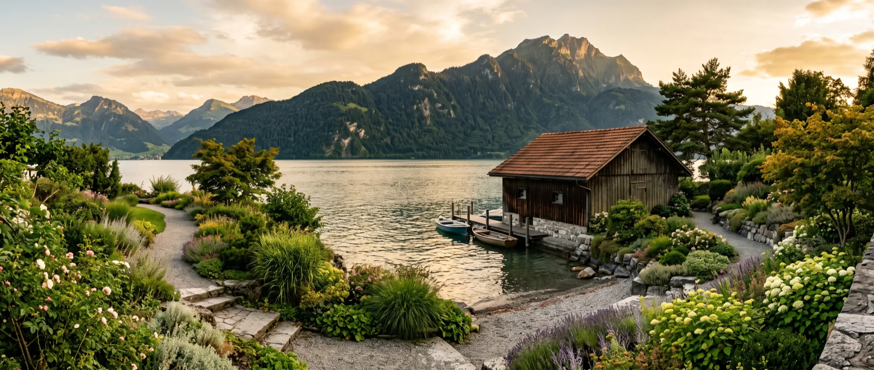 Seegarten mit Bootshaus am Vierwaldstättersee, steile Gipfel dahinter