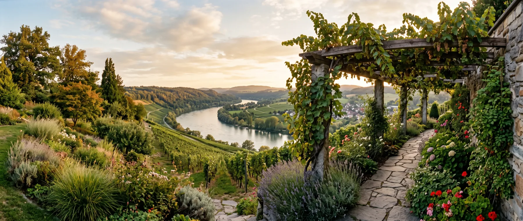 Rebpergola über dem Rheinbogen mit Rebbergen