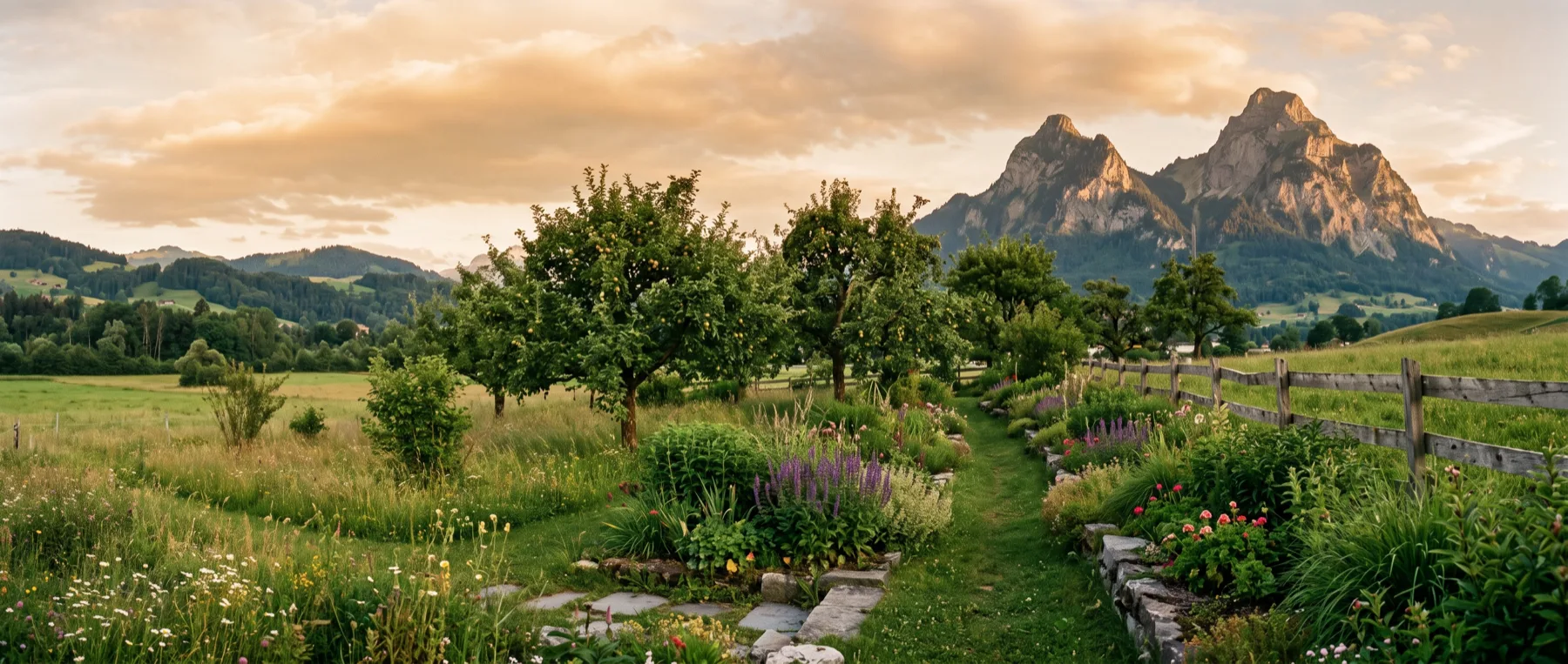 Gartenwiese mit Obstbäumen und Holzzaun, die beiden Mythen dahinter