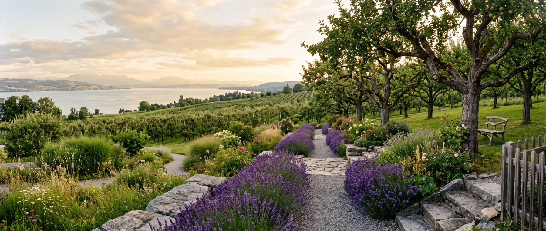Garten mit alten Apfelbäumen und Lavendel, Obstgärten Richtung Bodensee