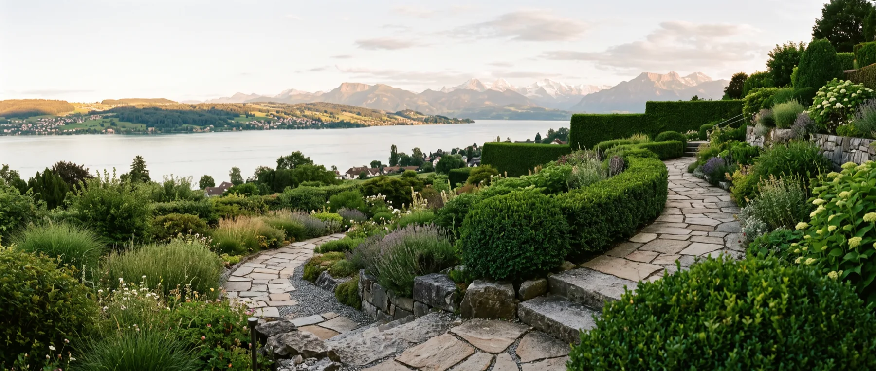 Terrassierter Garten mit Natursteinweg über dem Zürichsee, Alpen am Horizont