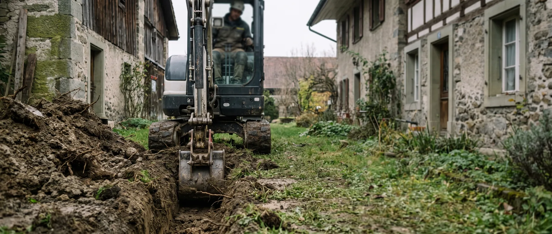Kleinbagger hebt einen Graben im Garten aus, Aushub daneben aufgehäuft