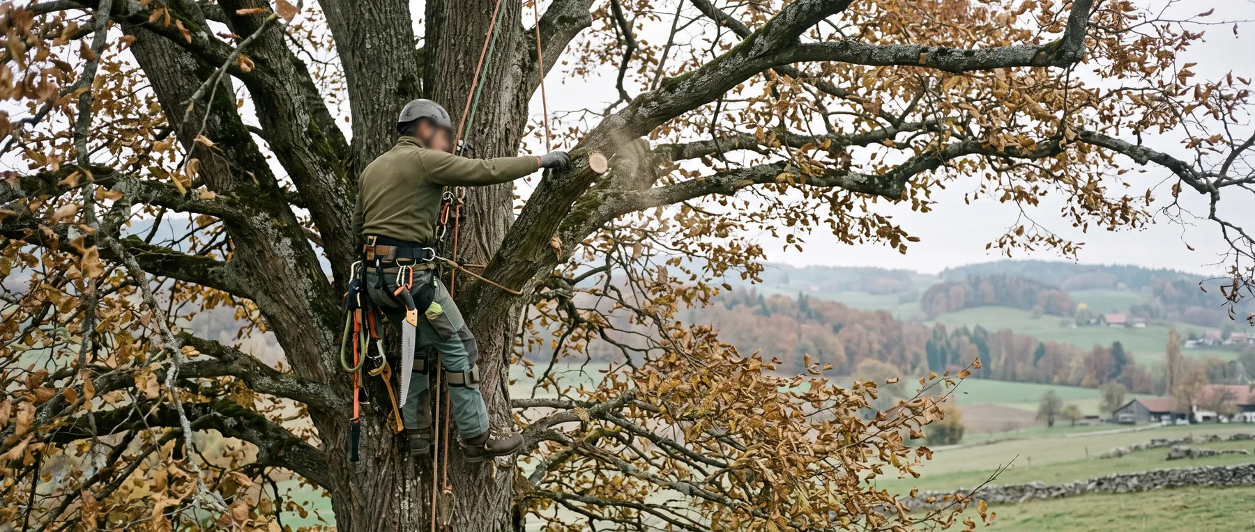 Baumpflege in der Krone einer alten Linde in Seilklettertechnik