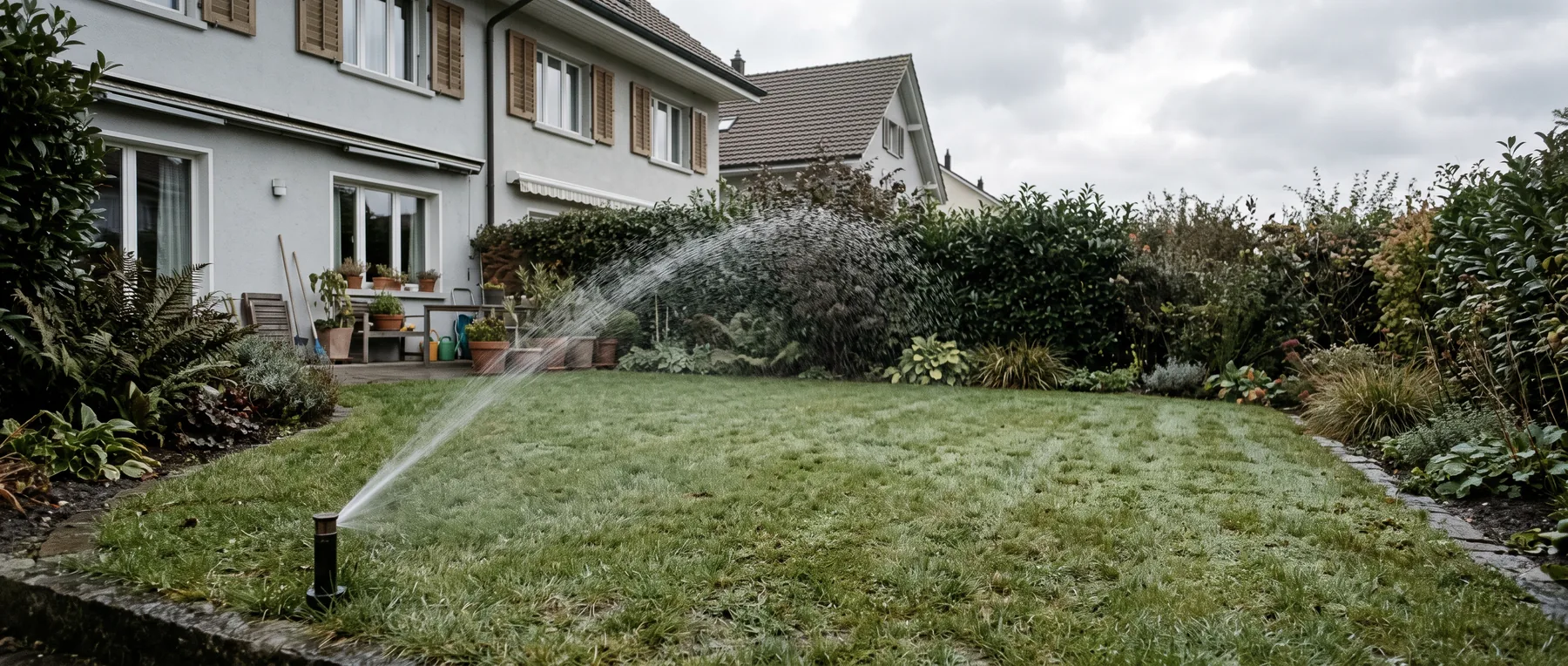 Versenkregner bewässert am frühen Morgen eine Rasenfläche