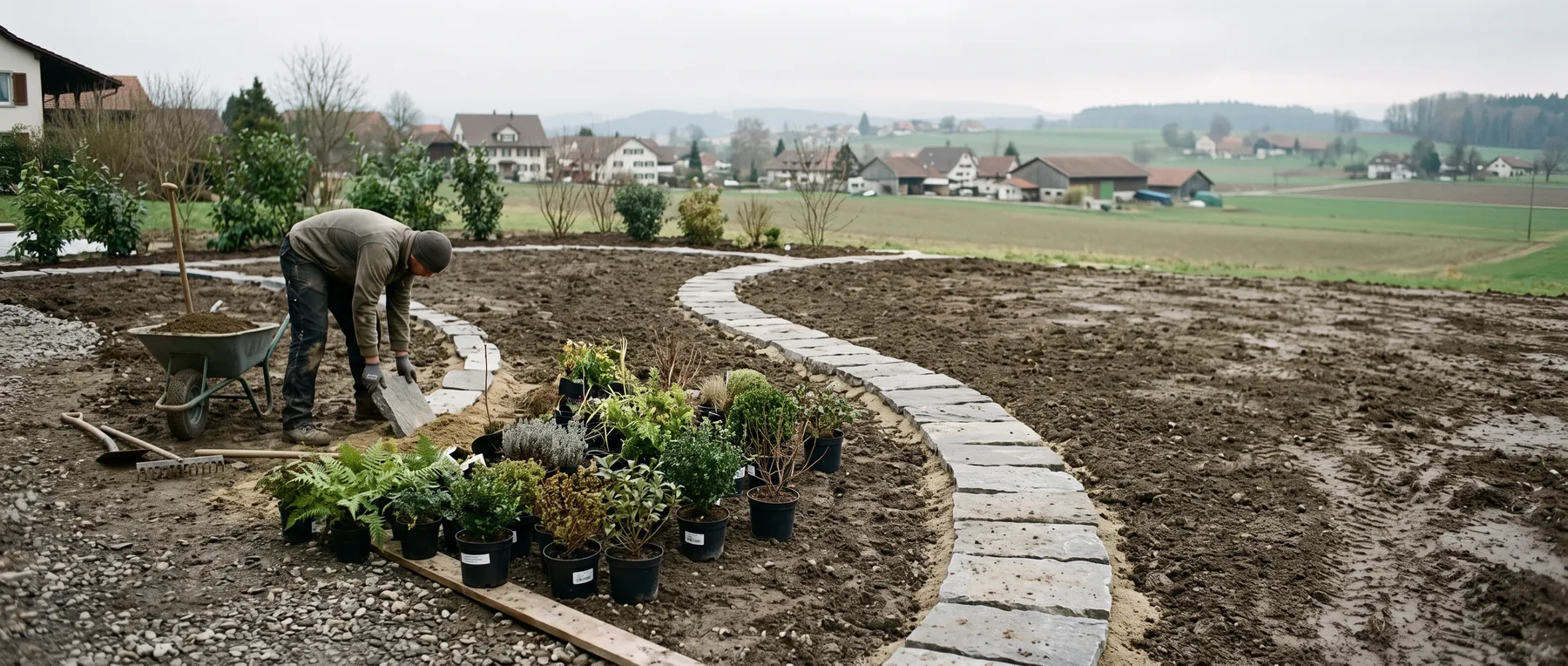 Neu angelegter Garten: frisch planierter Boden, verlegter Steinweg, junge Gehölze noch in Töpfen