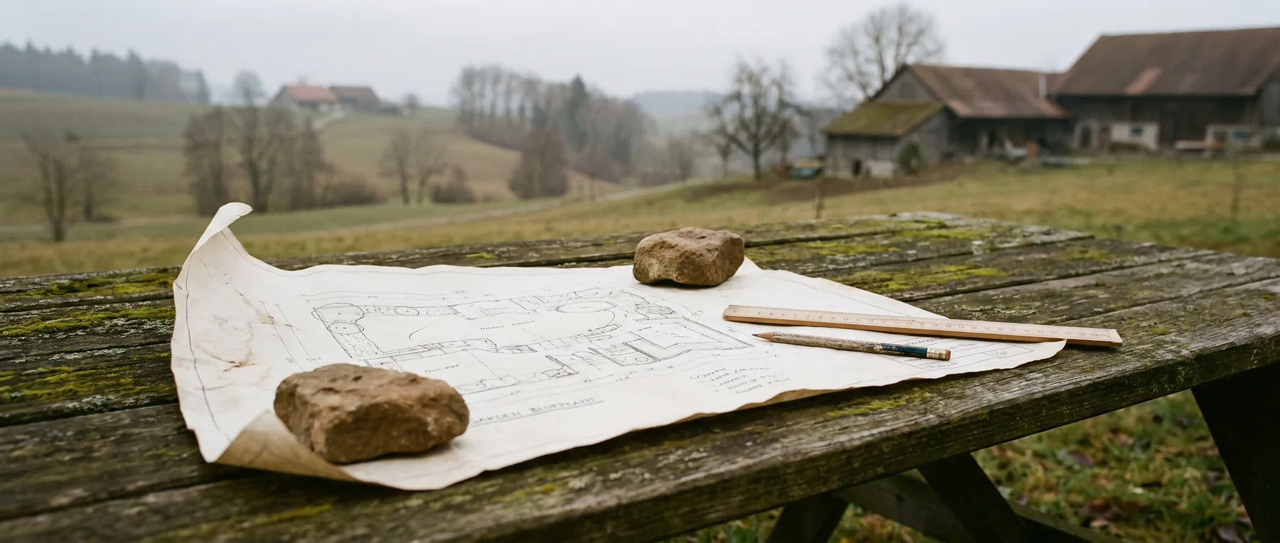 Handgezeichneter Gartenplan auf einem Gartentisch, beschwert mit Steinen, daneben Massstab und Bleistift