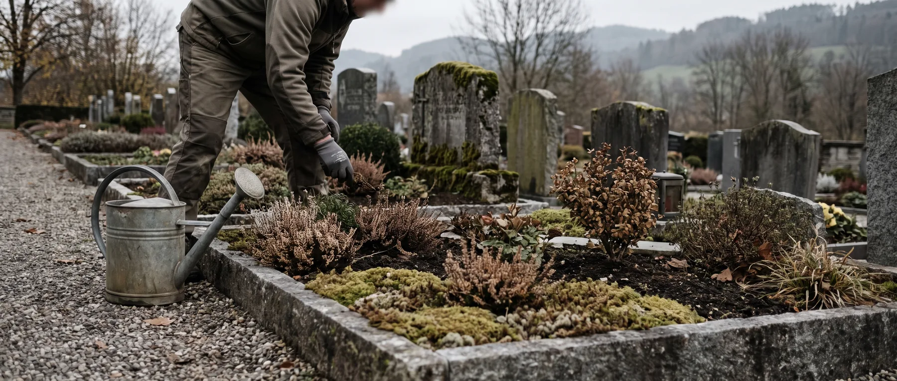 Gepflegtes Grab mit saisonaler Bepflanzung auf einem ruhigen Friedhof