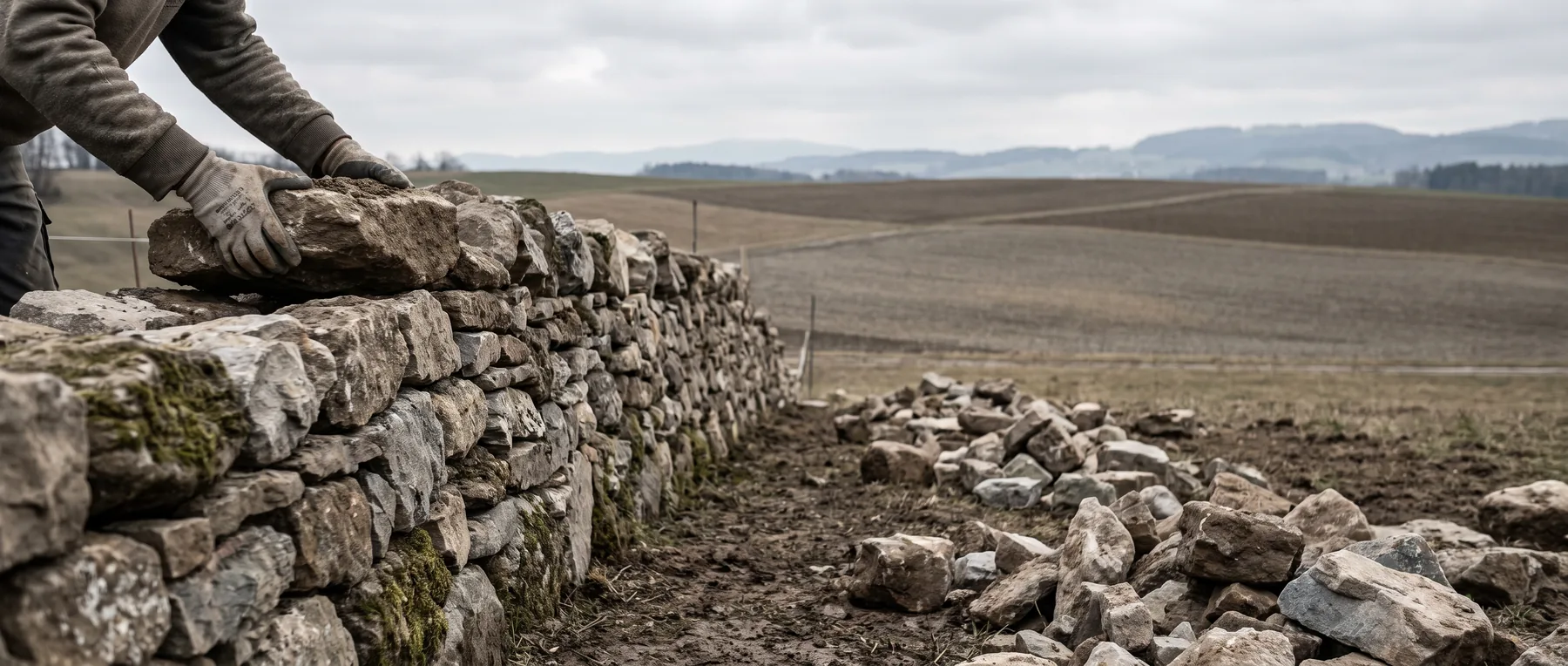 Trockenmauer im Bau, nach Grösse sortierte Steine am Boden, eine Schicht wird gesetzt