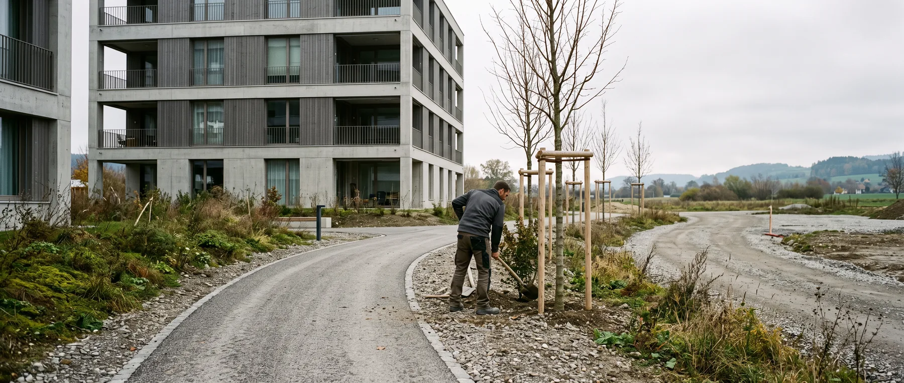 Aussenanlage eines neuen Mehrfamilienhauses mit Zugangsweg, jungen Bäumen und Kiesrandstreifen