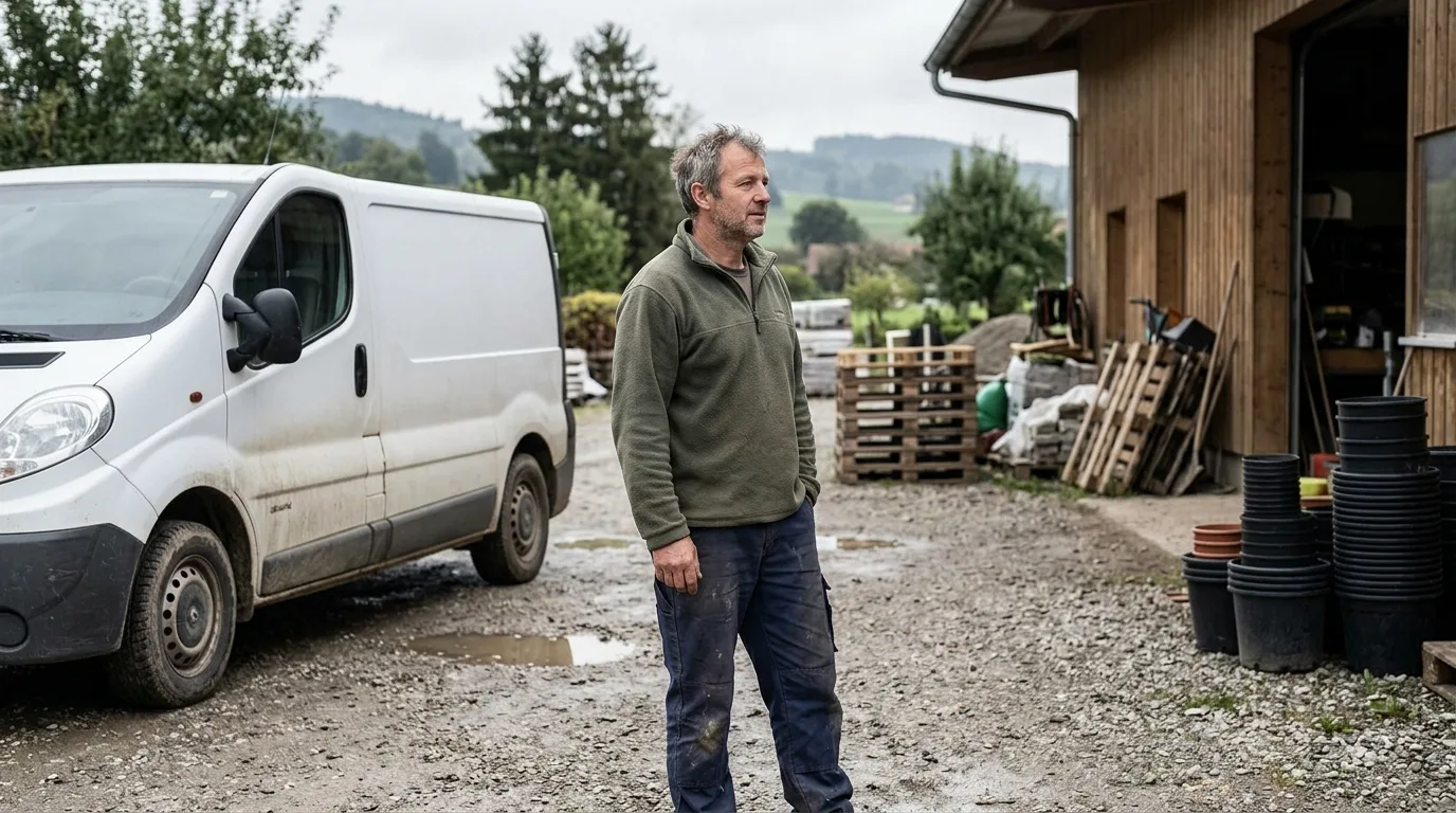 Gartenbau-Unternehmer vor seiner Werkstatt