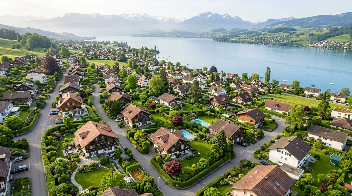 Schweizer Quartier mit Gärten aus der Luft
