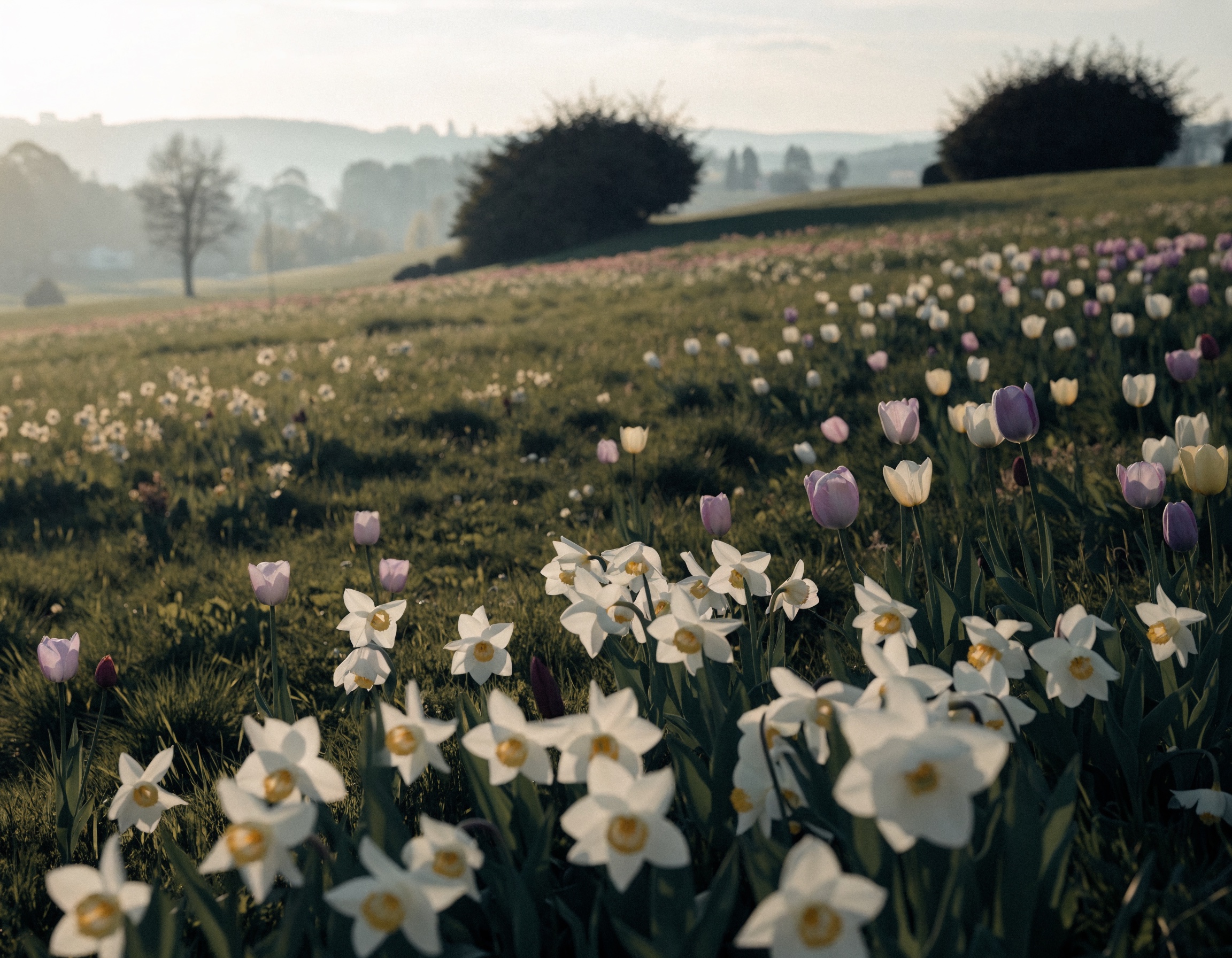 Tulpenwiese im Aprillicht (KI-generiertes Bild)
