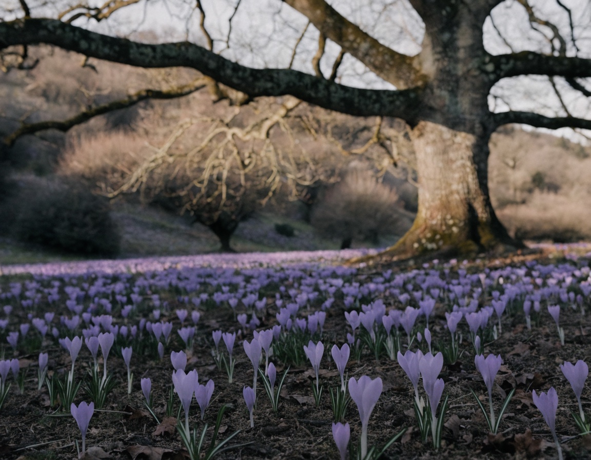 Krokus-Teppich Ruby Giant unter kahlem Baum (KI-generiertes Bild)